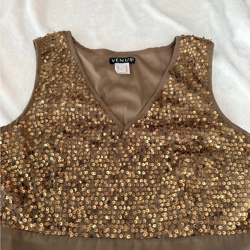 Venus Gold Sequins Chiffon Asymmetrical High Low Hem Lined Dress 2 - Picture 6 of 8